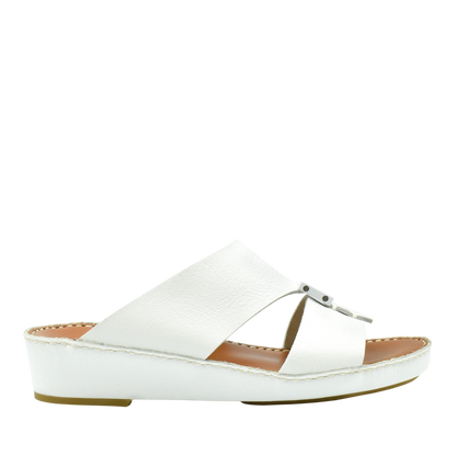 White luxury leather sandals with adjustable buckle and cushioned sole from private collection