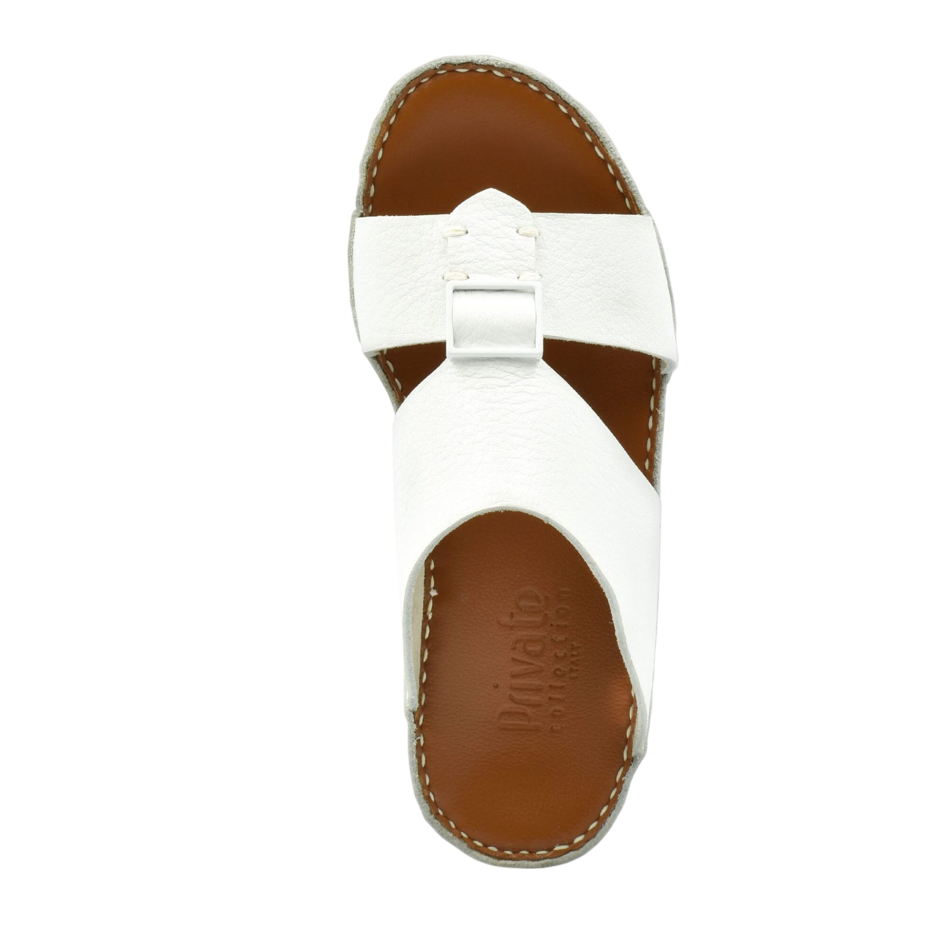 Top view of white luxury leather sandals with brown sole and stitched edges from Private collection
