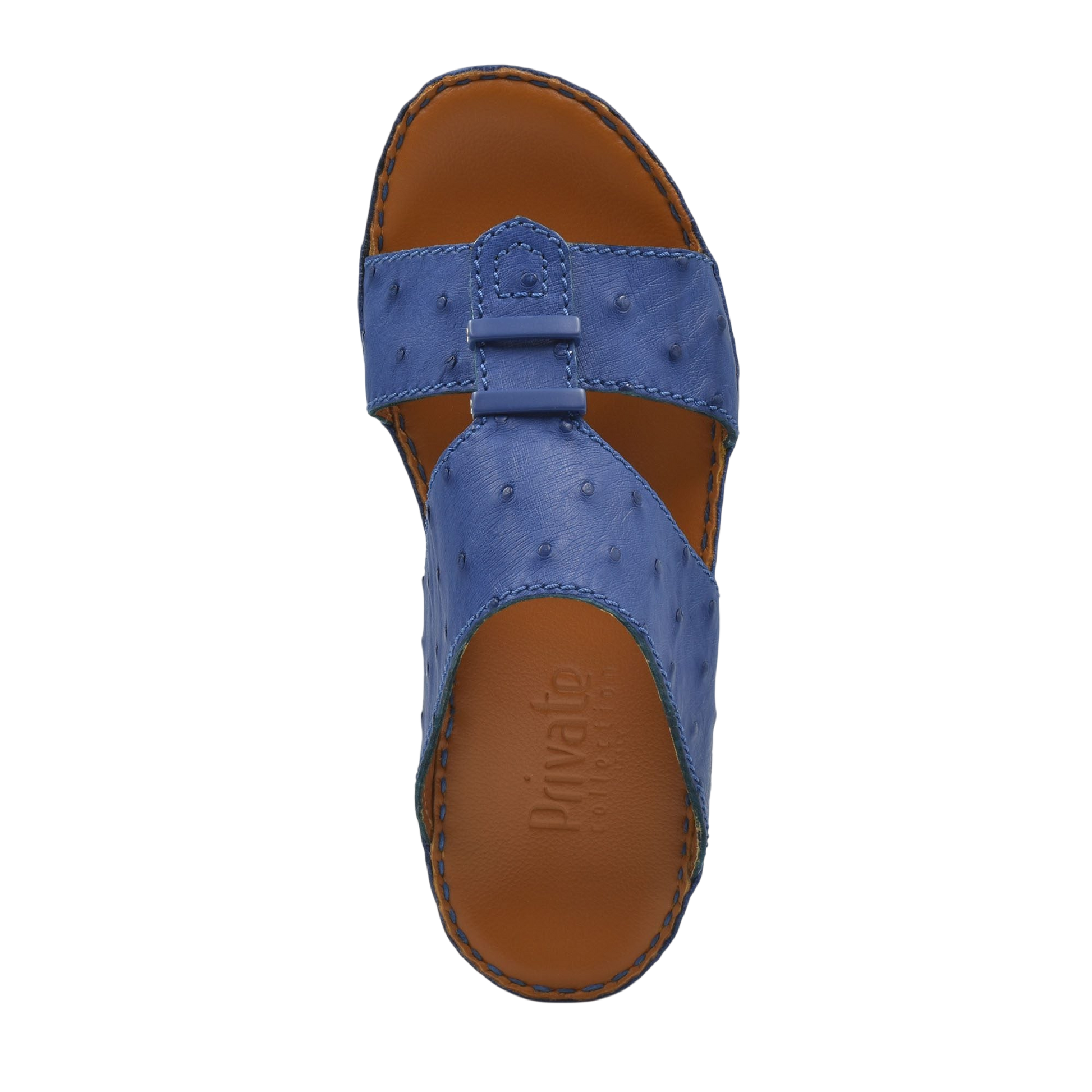 Blue luxury ostrich sandals with textured leather and brown cushioned footbed from Private Collection