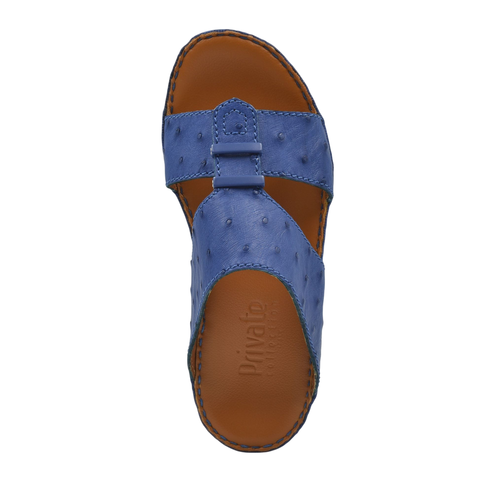 Blue luxury ostrich sandals with textured leather and brown cushioned footbed from Private Collection