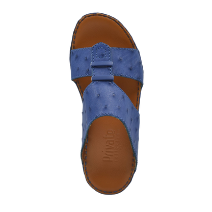 Blue luxury ostrich sandals with textured leather and brown cushioned footbed from Private Collection