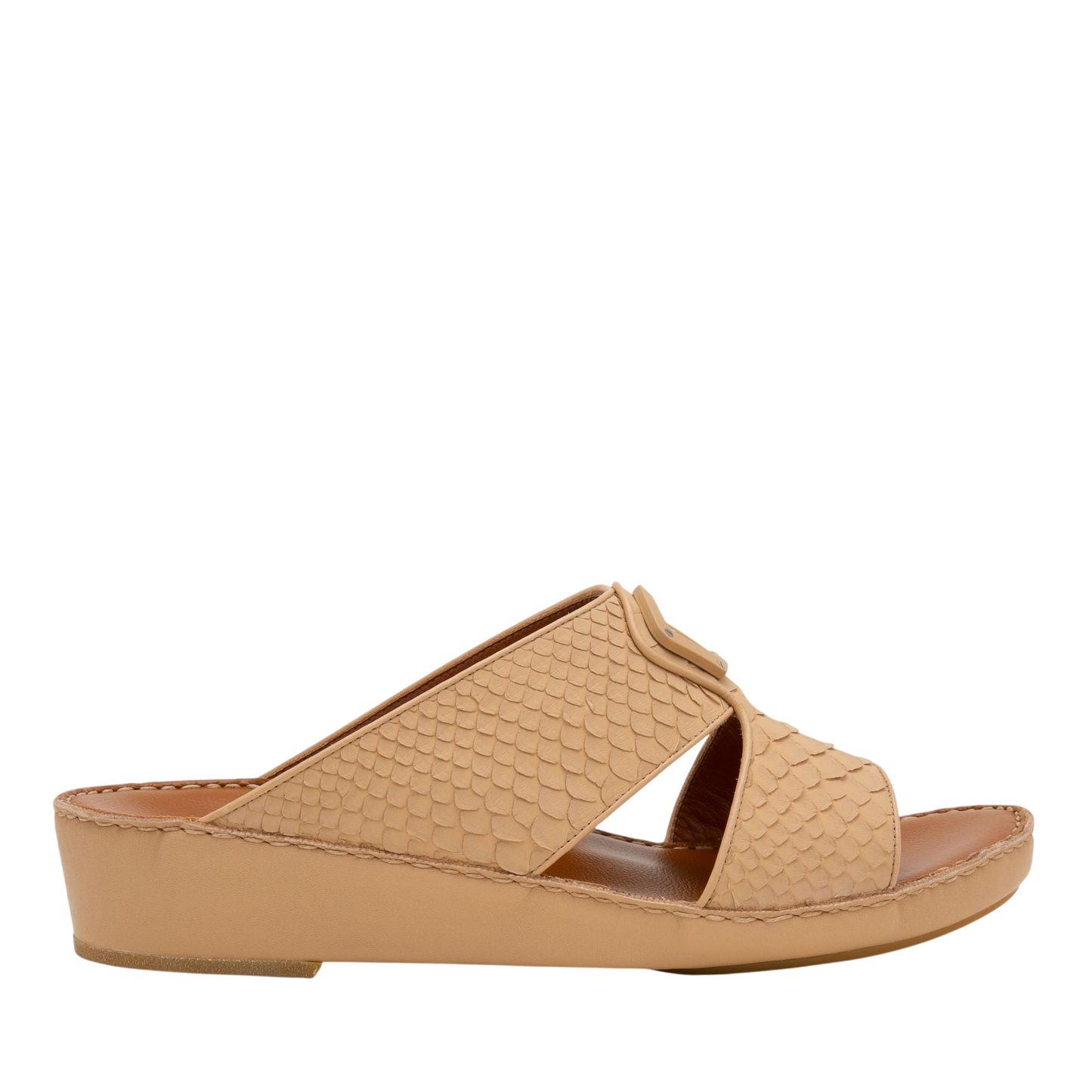 Beige open-toe luxury python sandals with textured python skin pattern and low wedge heel