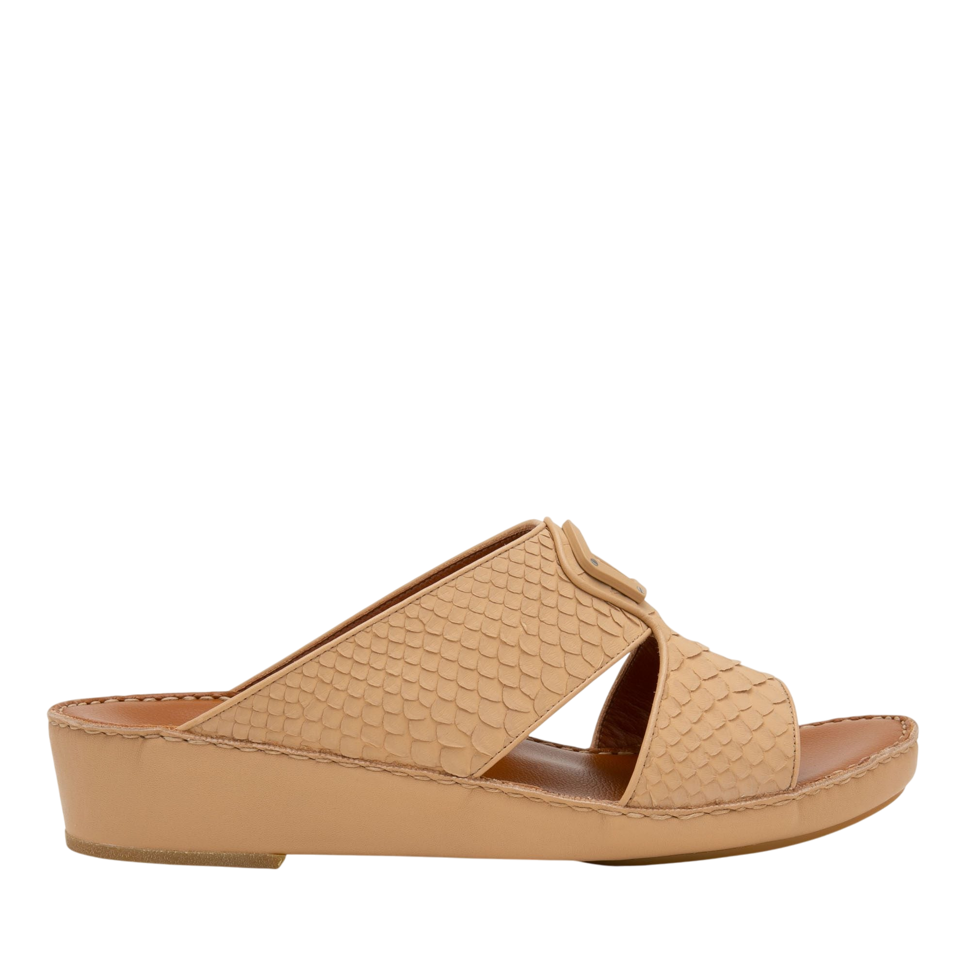 Beige open-toe luxury python sandals with textured python skin pattern and low wedge heel