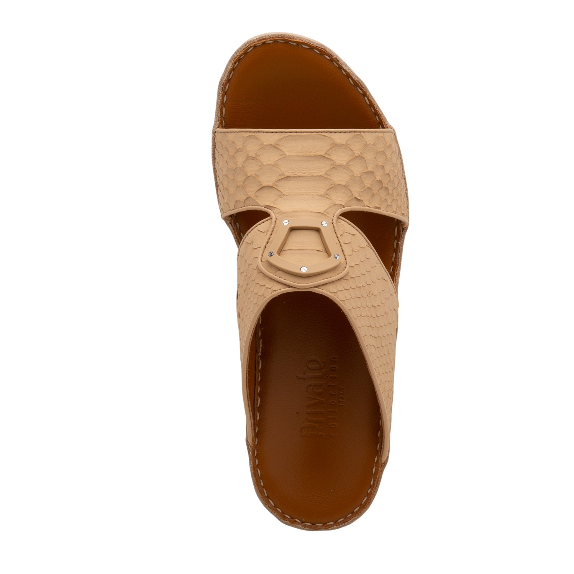 Top view of luxury python sandals in beige with detailed textured straps and cushioned brown sole