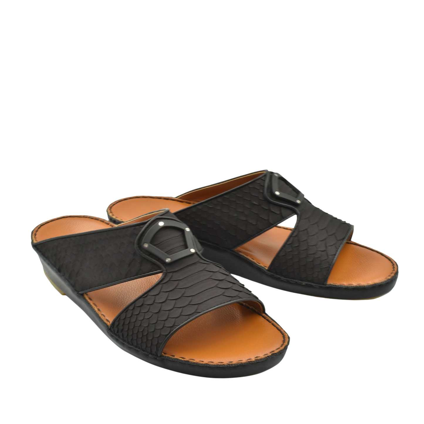 Black luxury python sandals with textured straps and tan cushioned footbed from Private Collection