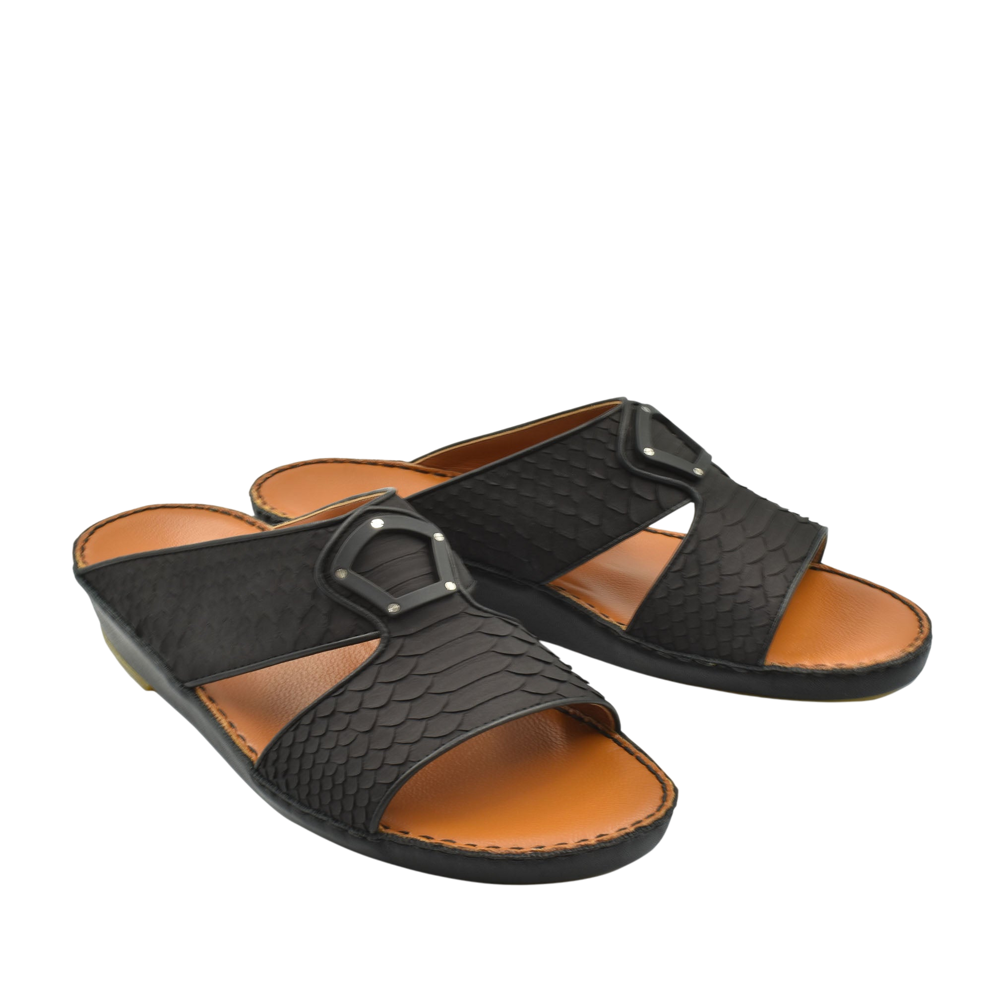 Black luxury python sandals with textured straps and tan cushioned footbed from Private Collection