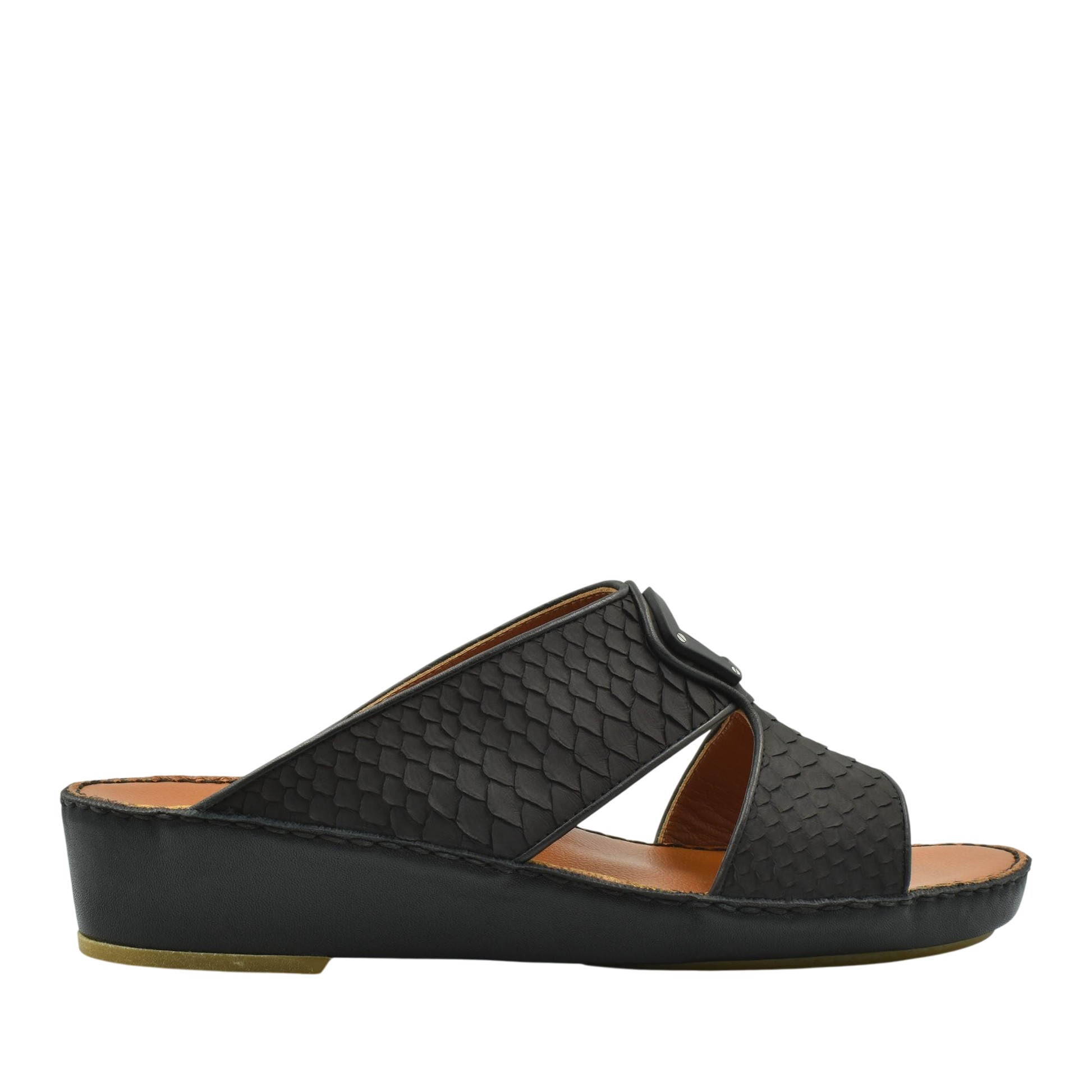 Black luxury python sandals with textured straps and cushioned sole from private collection