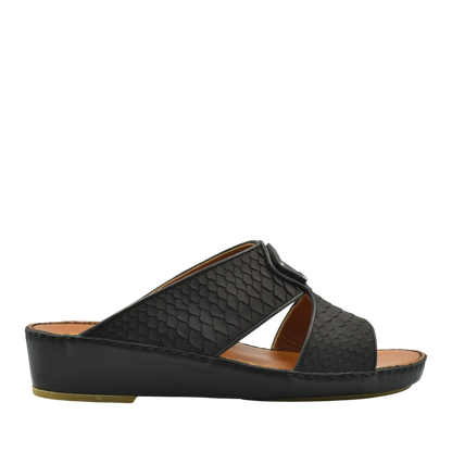 Black luxury python sandals with textured straps and cushioned sole from private collection