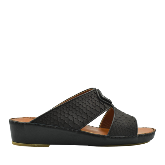 Black luxury python sandals with textured straps and cushioned sole from private collection