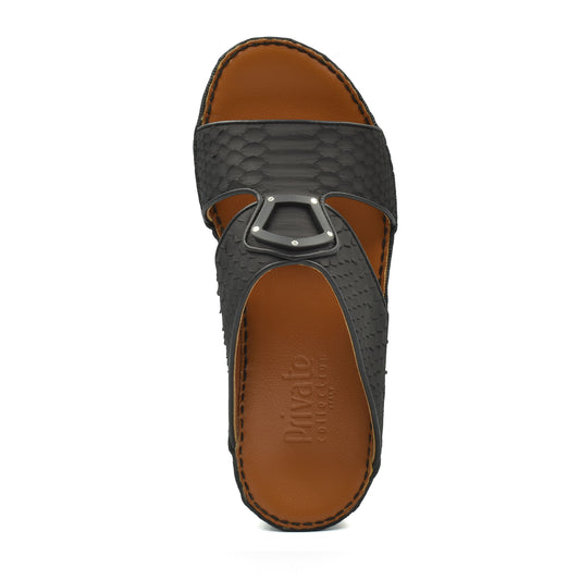 Top view of luxury python sandals in black with brown leather footbed and metal buckle detail