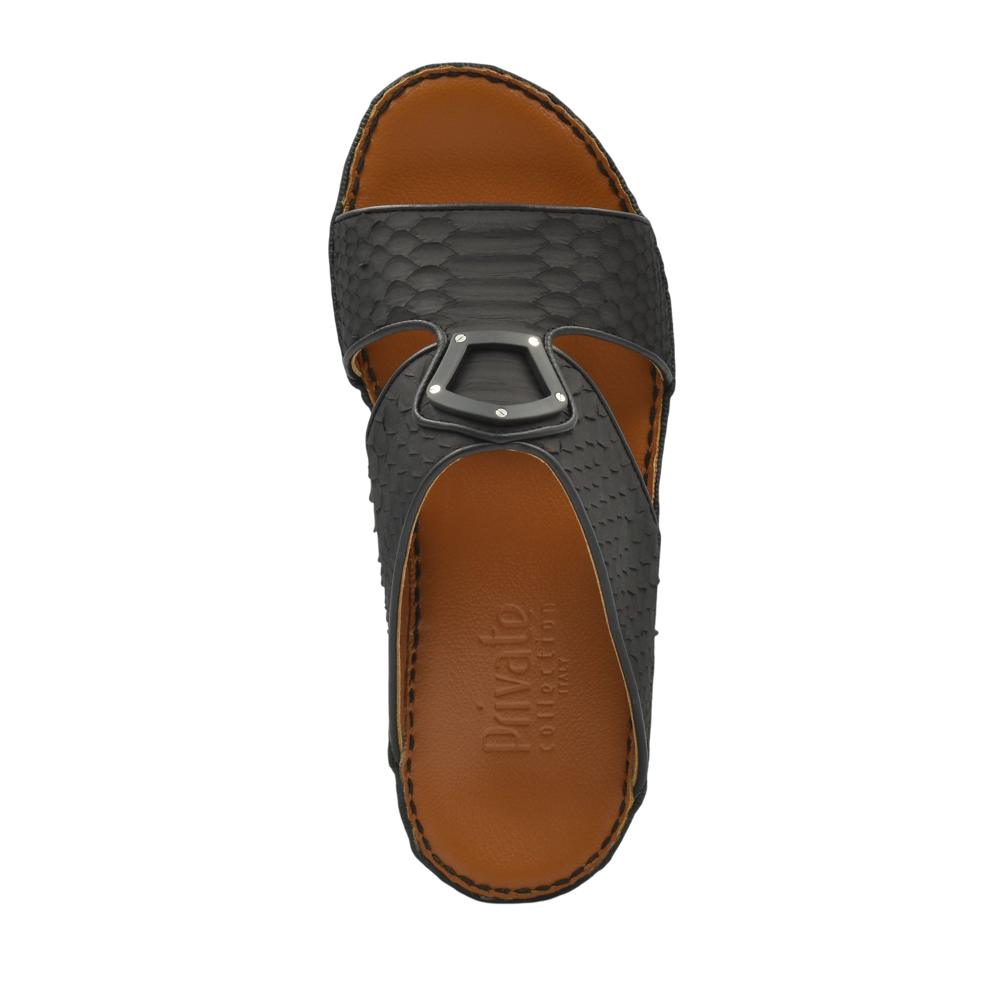 Top view of luxury python sandals in black with brown leather footbed and metal buckle detail