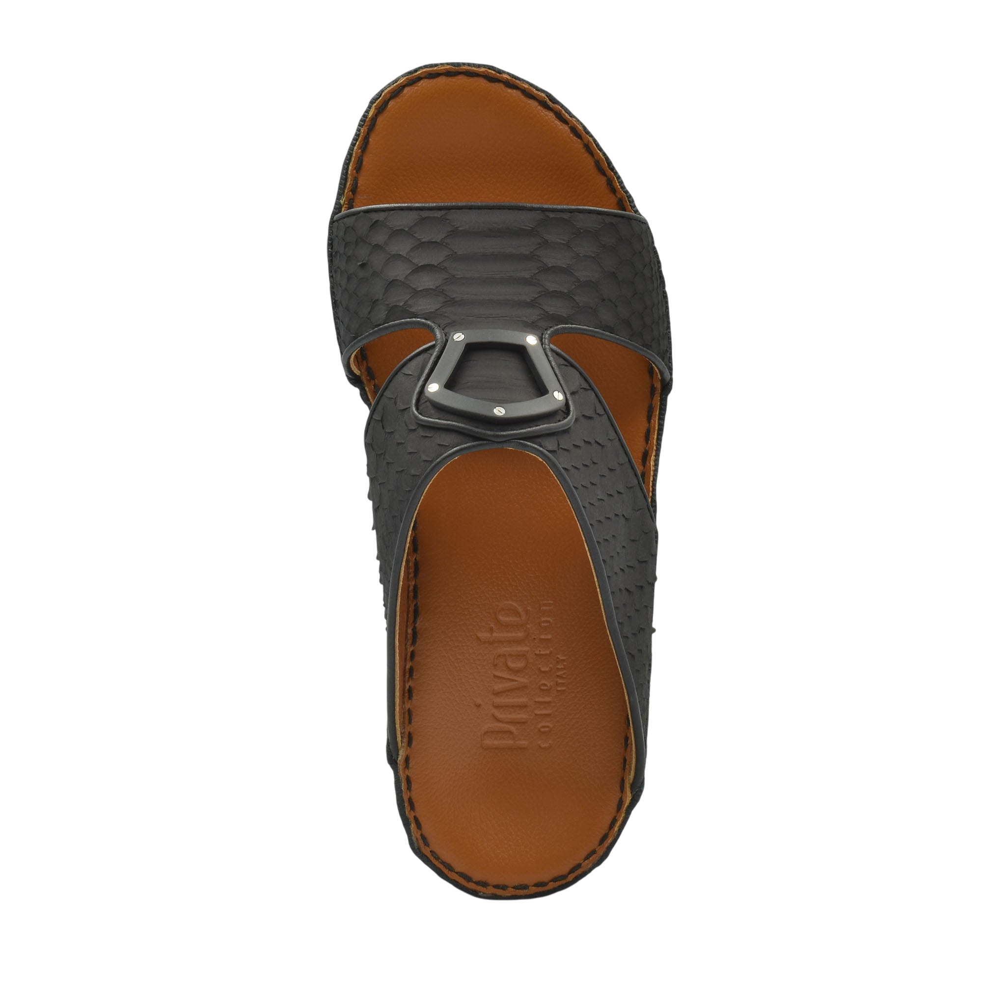 Top view of luxury python sandals in black with brown leather footbed and metal buckle detail
