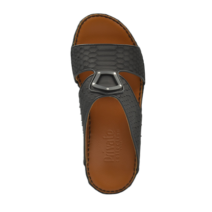 Top view of luxury python sandals in black with brown leather footbed and metal buckle detail