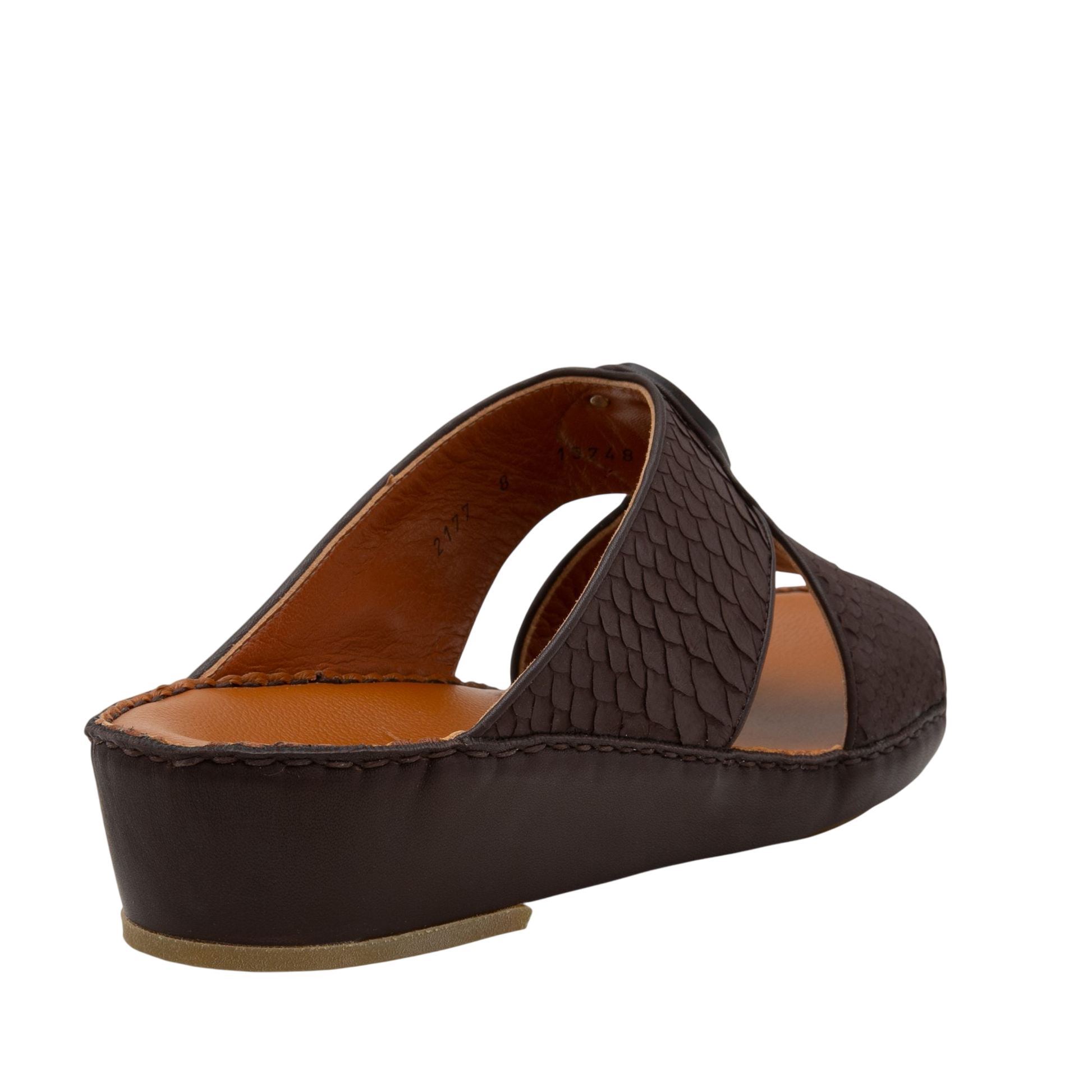 Brown luxury python sandals with textured straps and cushioned sole from Private Collection