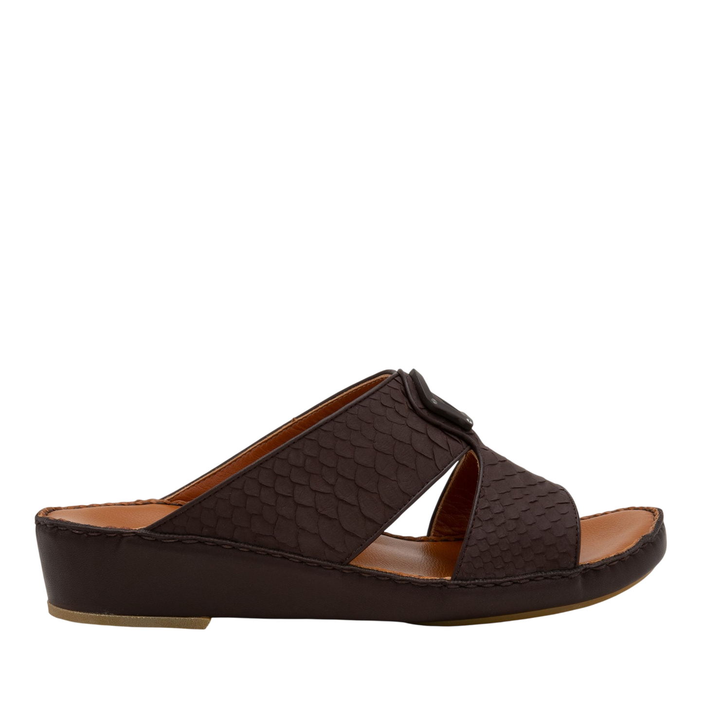 Brown slip-on luxury python sandals with textured leather straps and cushioned sole