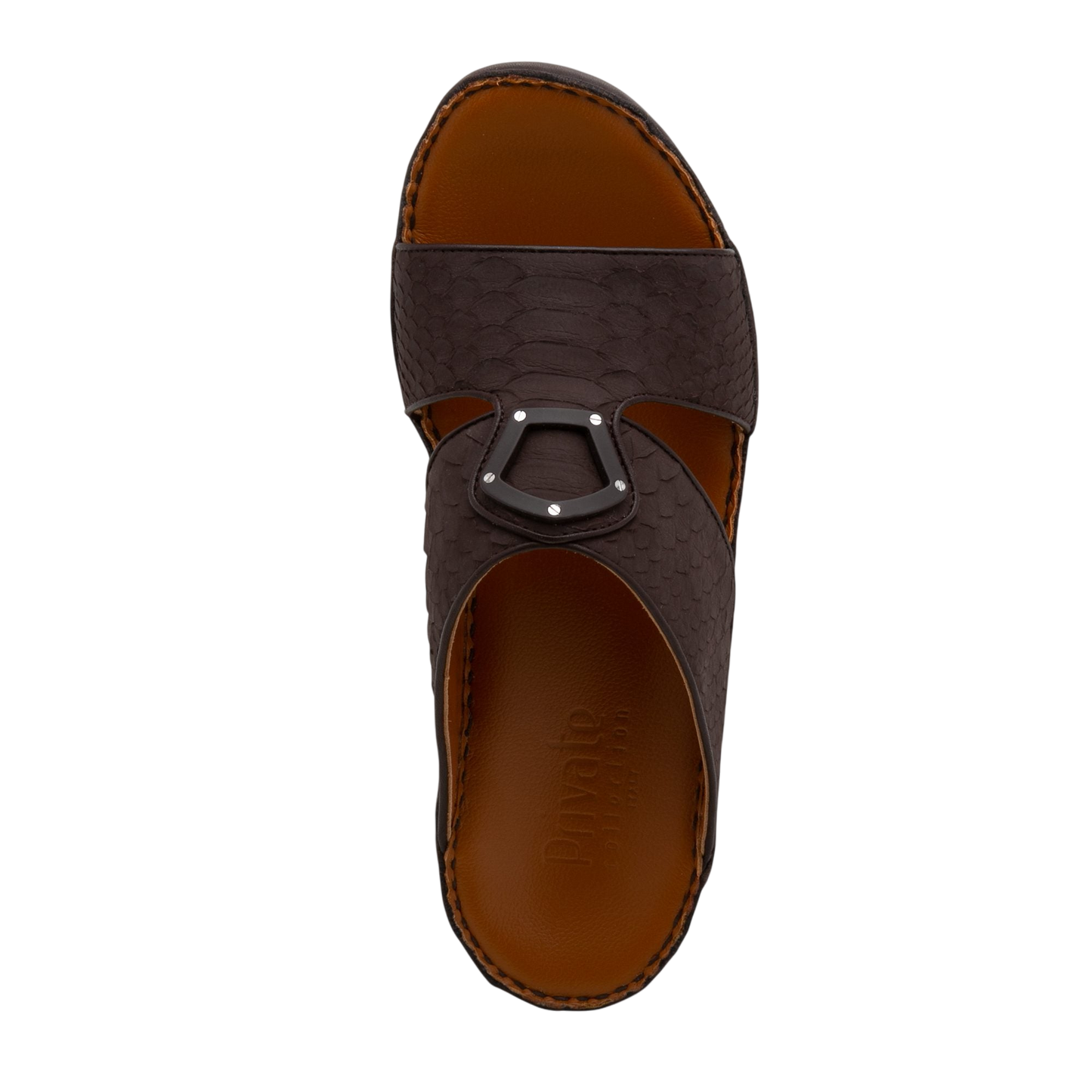 Top view of luxury python sandals in dark brown with leather footbed and metal accent buckle