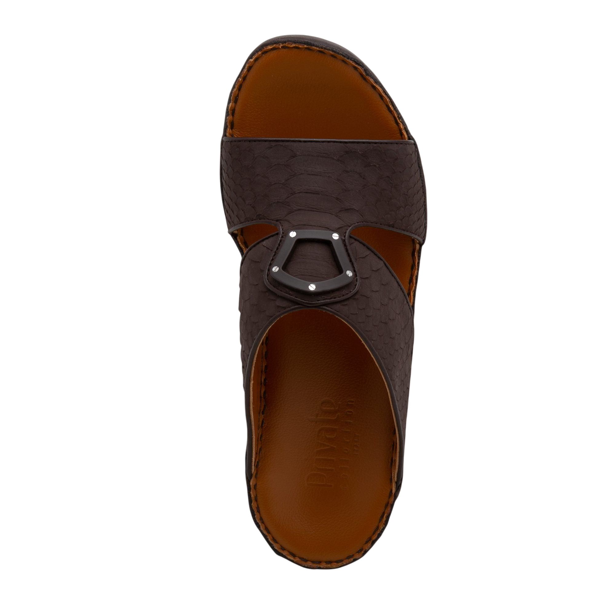 Top view of luxury python sandals in dark brown with leather footbed and metal accent buckle