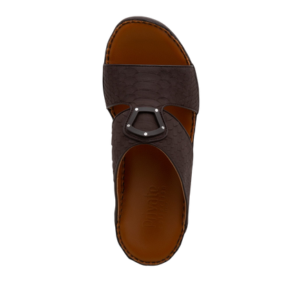 Top view of luxury python sandals in dark brown with leather footbed and metal accent buckle