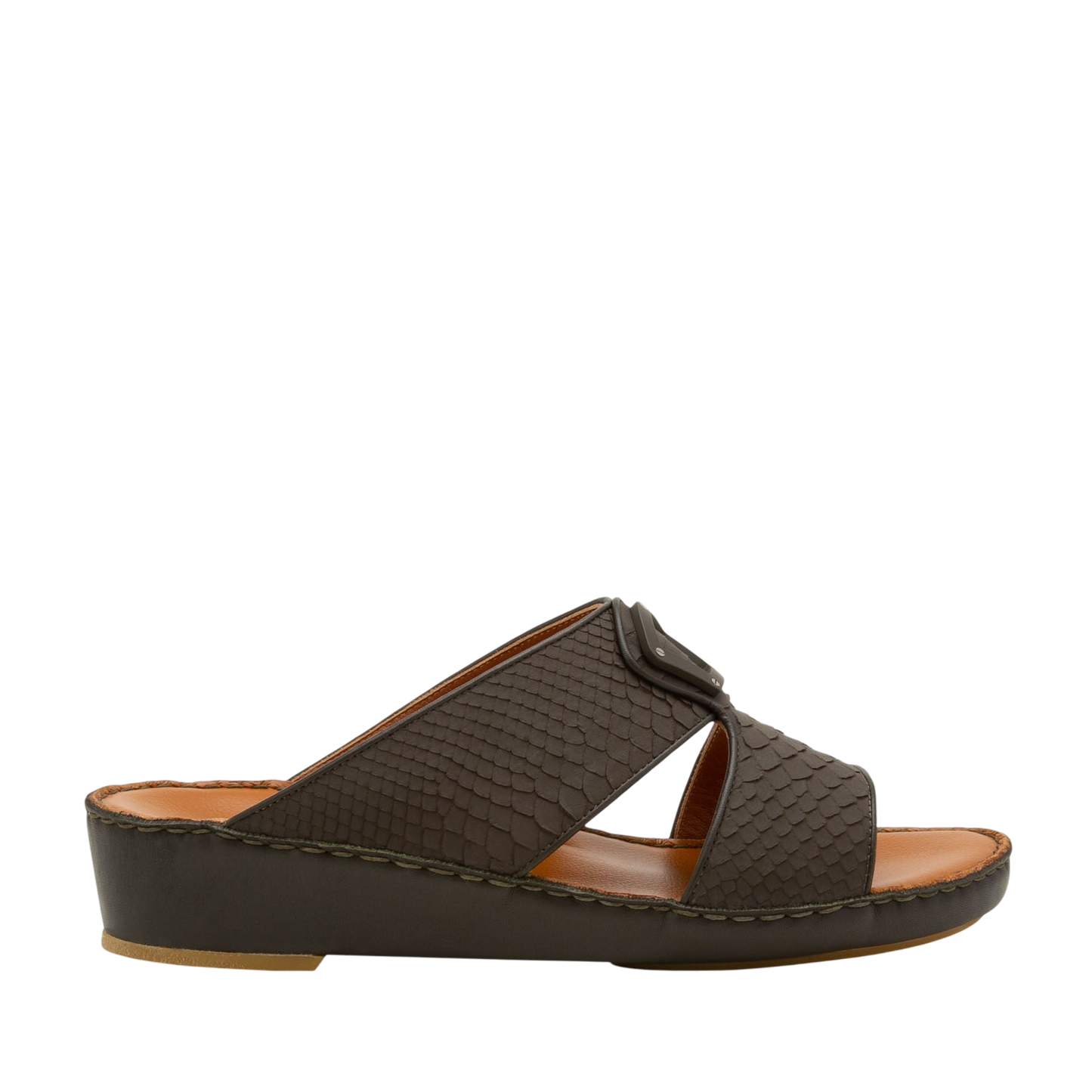 Side view of luxury python sandals with brown textured straps and cushioned sole