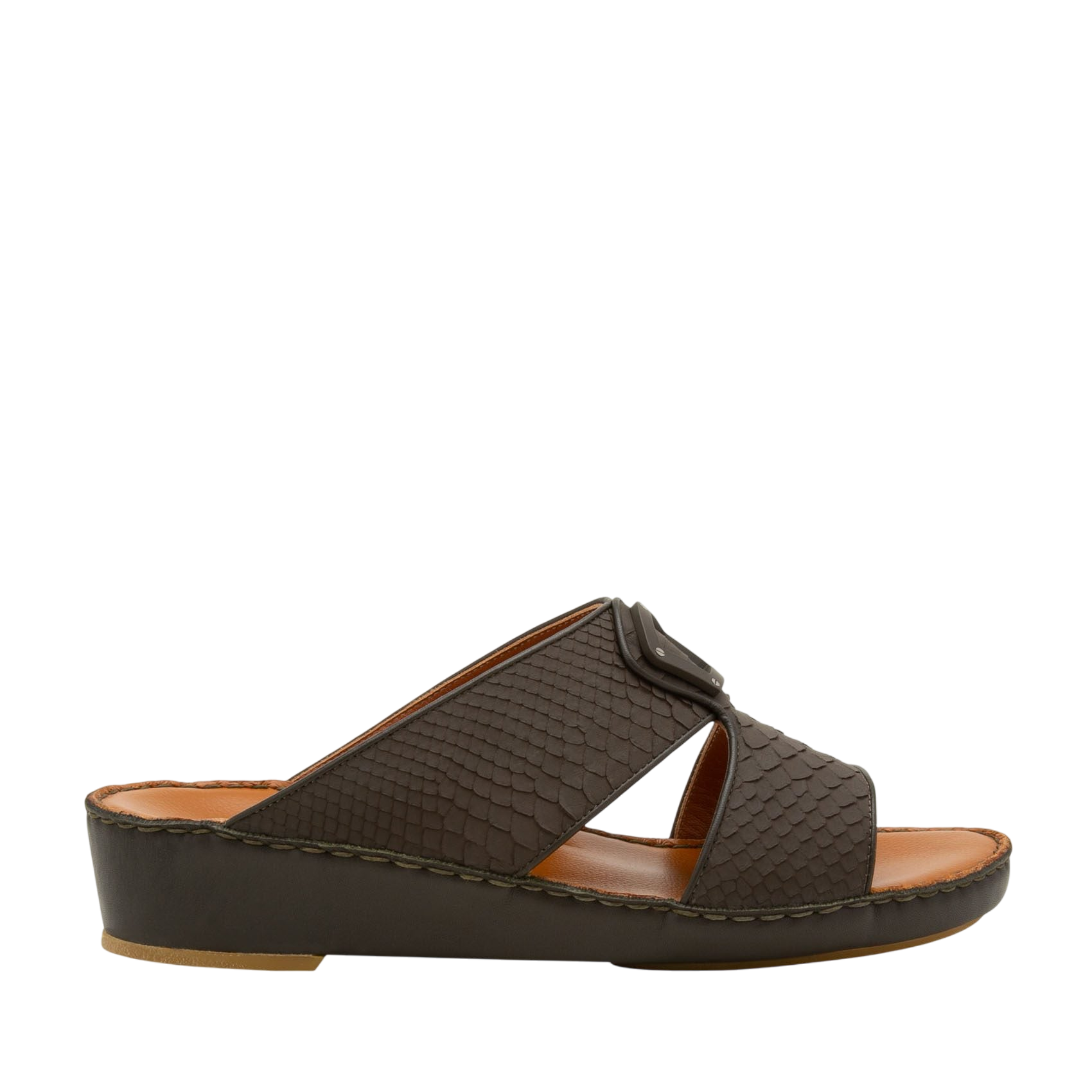 Side view of luxury python sandals with brown textured straps and cushioned sole