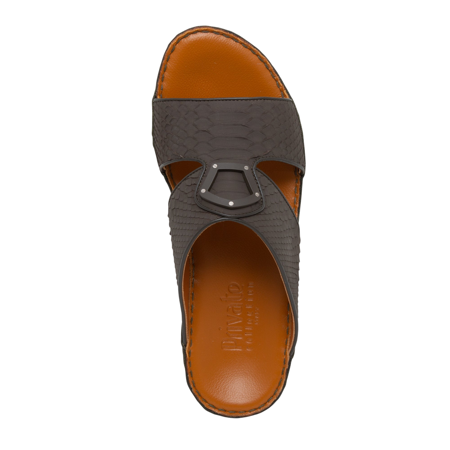 Top view of luxury python sandals with brown leather sole and dark textured snake skin straps