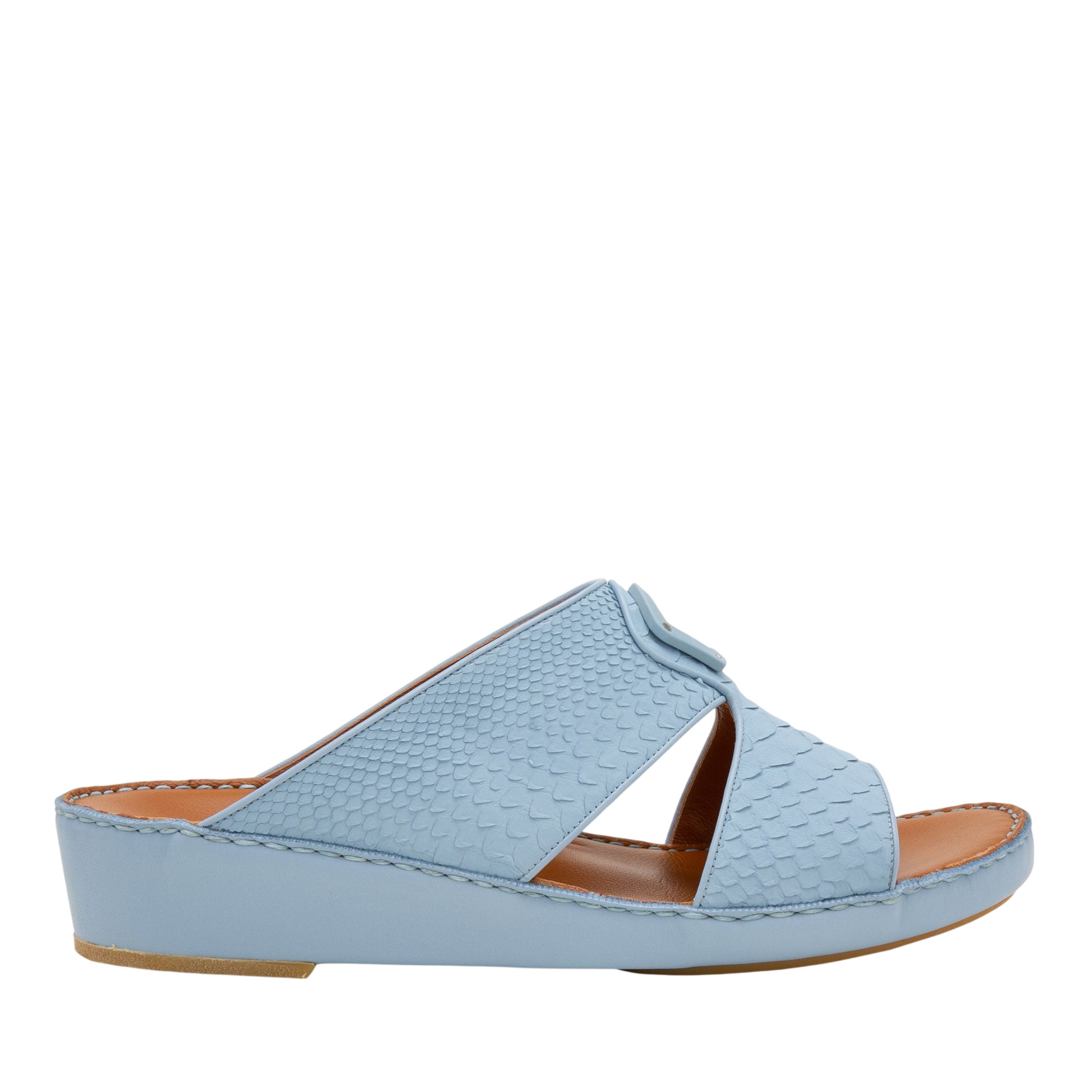 Light blue luxury python sandals with textured pattern and low wedge heel from private collection