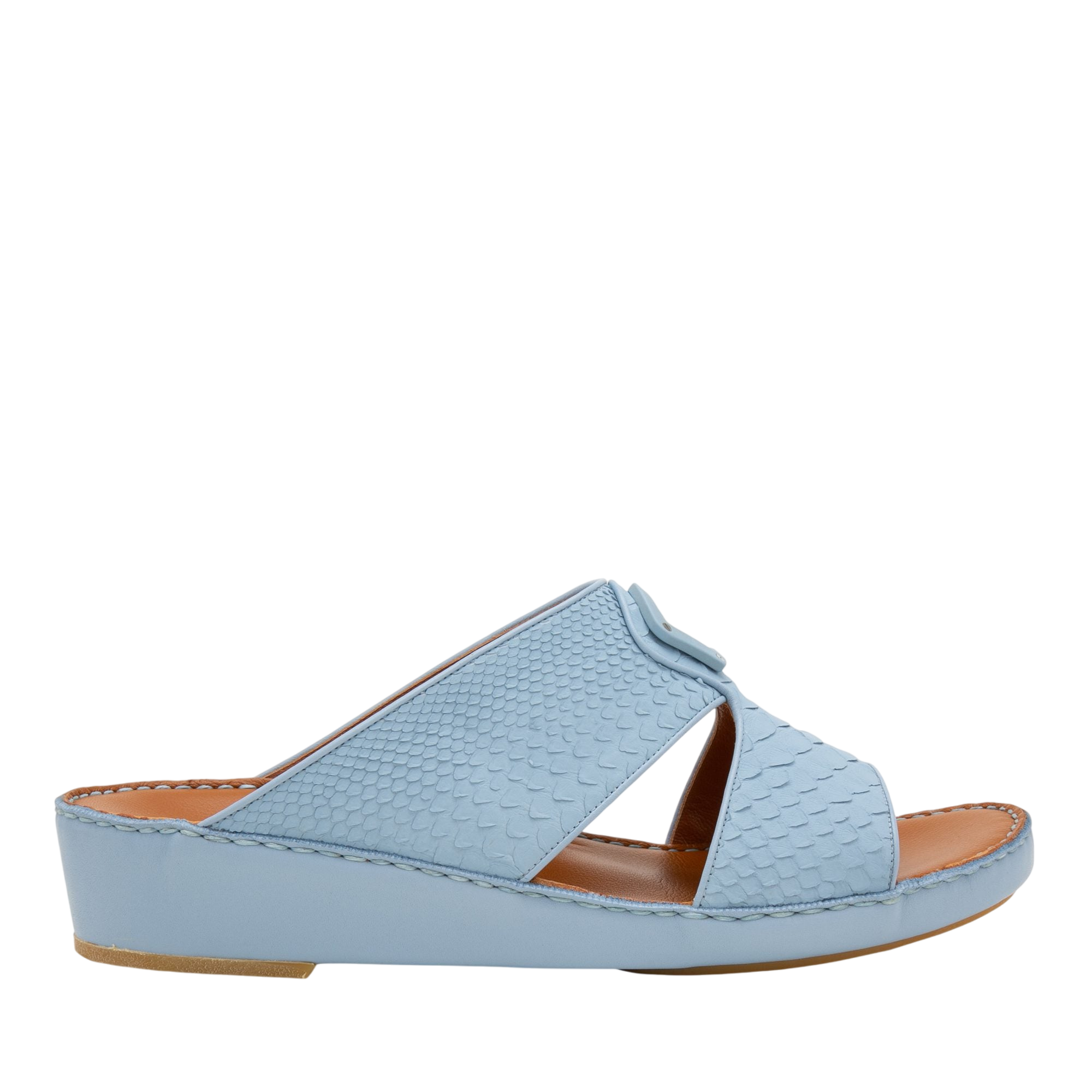 Light blue luxury python sandals with textured pattern and low wedge heel from private collection