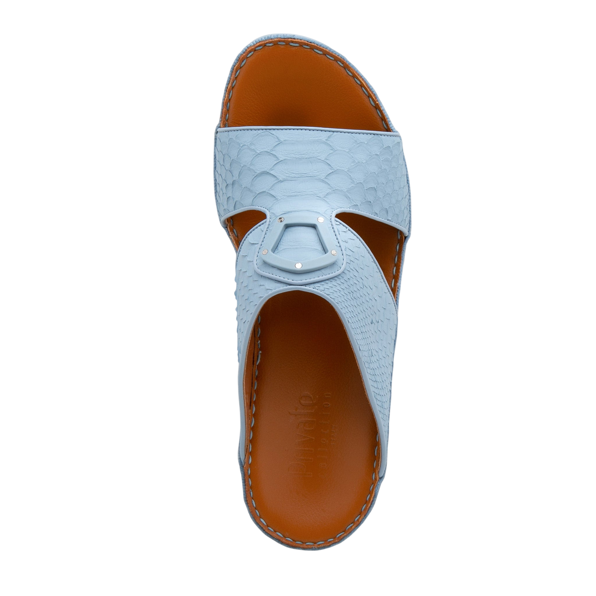 Light blue luxury python sandals with brown sole and open toe design