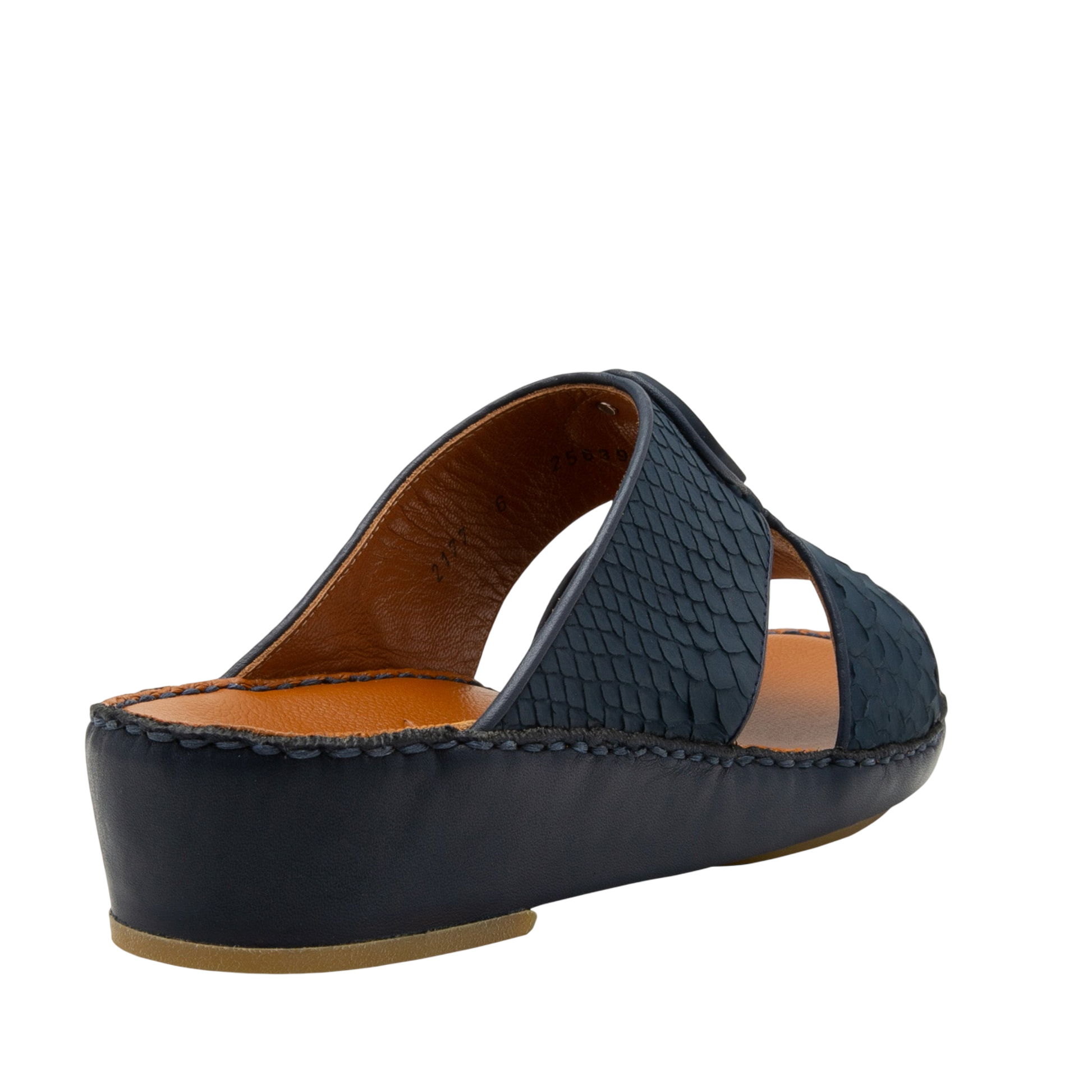 Side view of luxury python sandals in black with open toe and cushioned sole from private collection