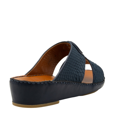 Side view of luxury python sandals in black with open toe and cushioned sole from private collection