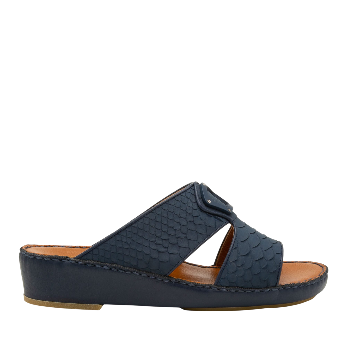 Side view of navy blue luxury python sandals with open toe and cushioned sole