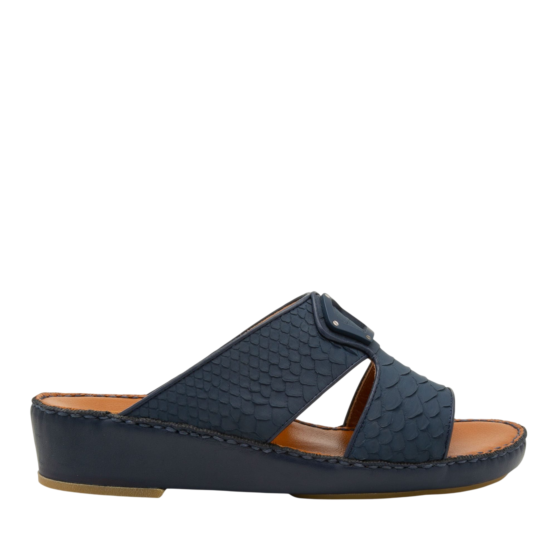 Side view of navy blue luxury python sandals with open toe and cushioned sole