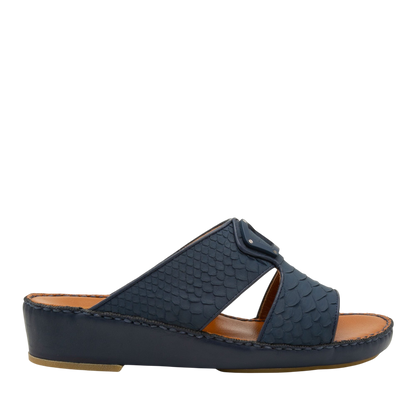 Side view of navy blue luxury python sandals with open toe and cushioned sole