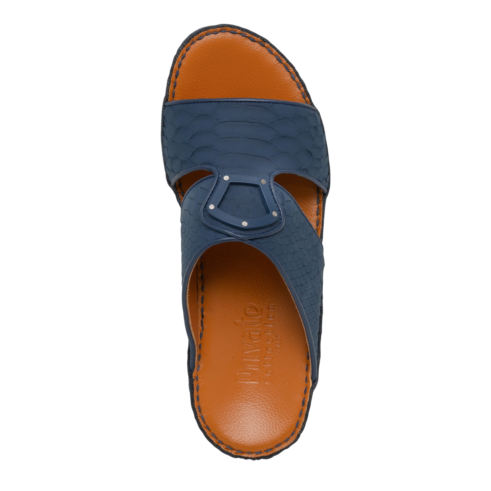 Top view of luxury python sandals in dark blue with brown cushioned sole from Private Collection