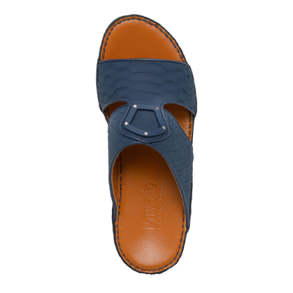 Top view of luxury python sandals in dark blue with brown cushioned sole from Private Collection
