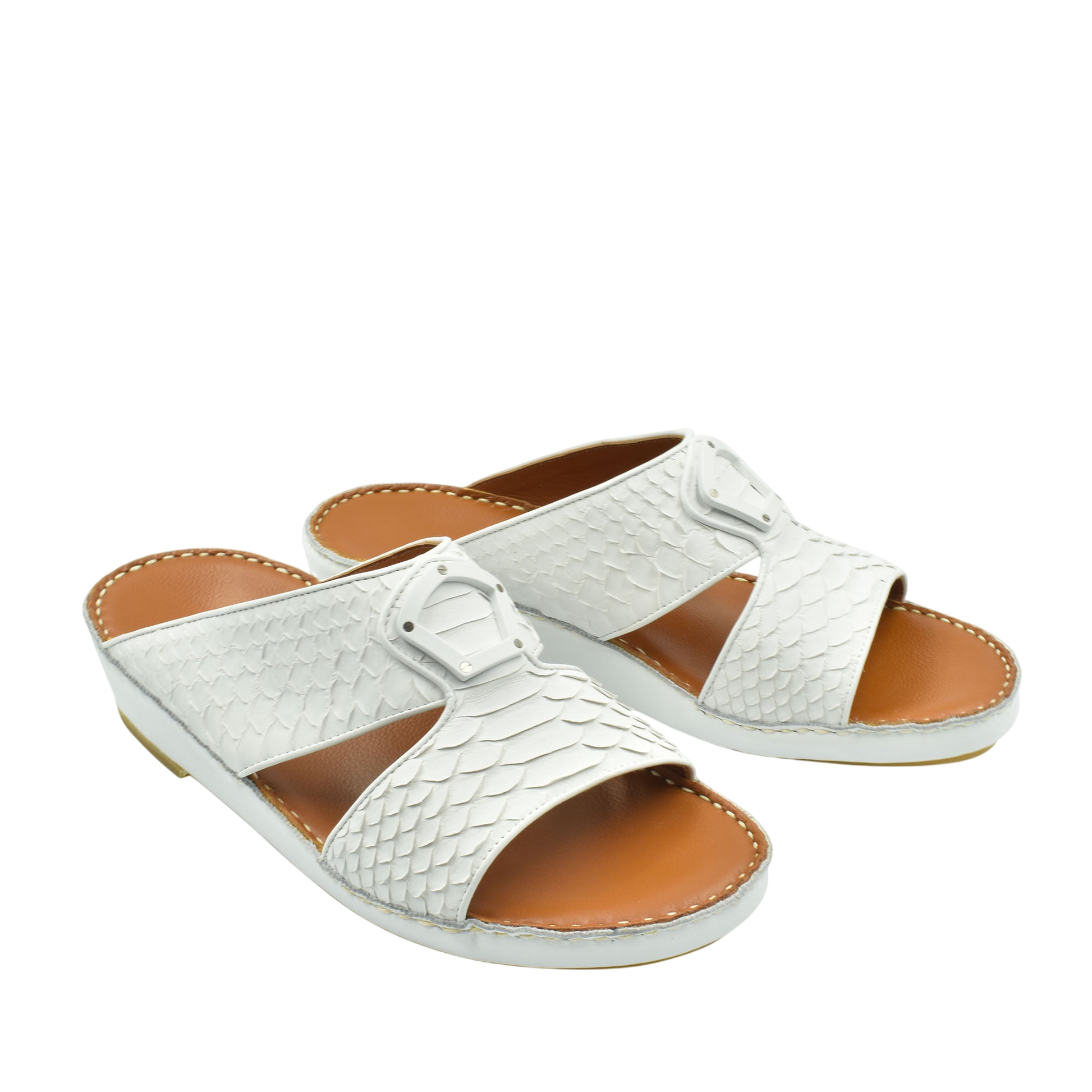 White luxury python sandals with open toes and adjustable buckle straps for stylish comfort