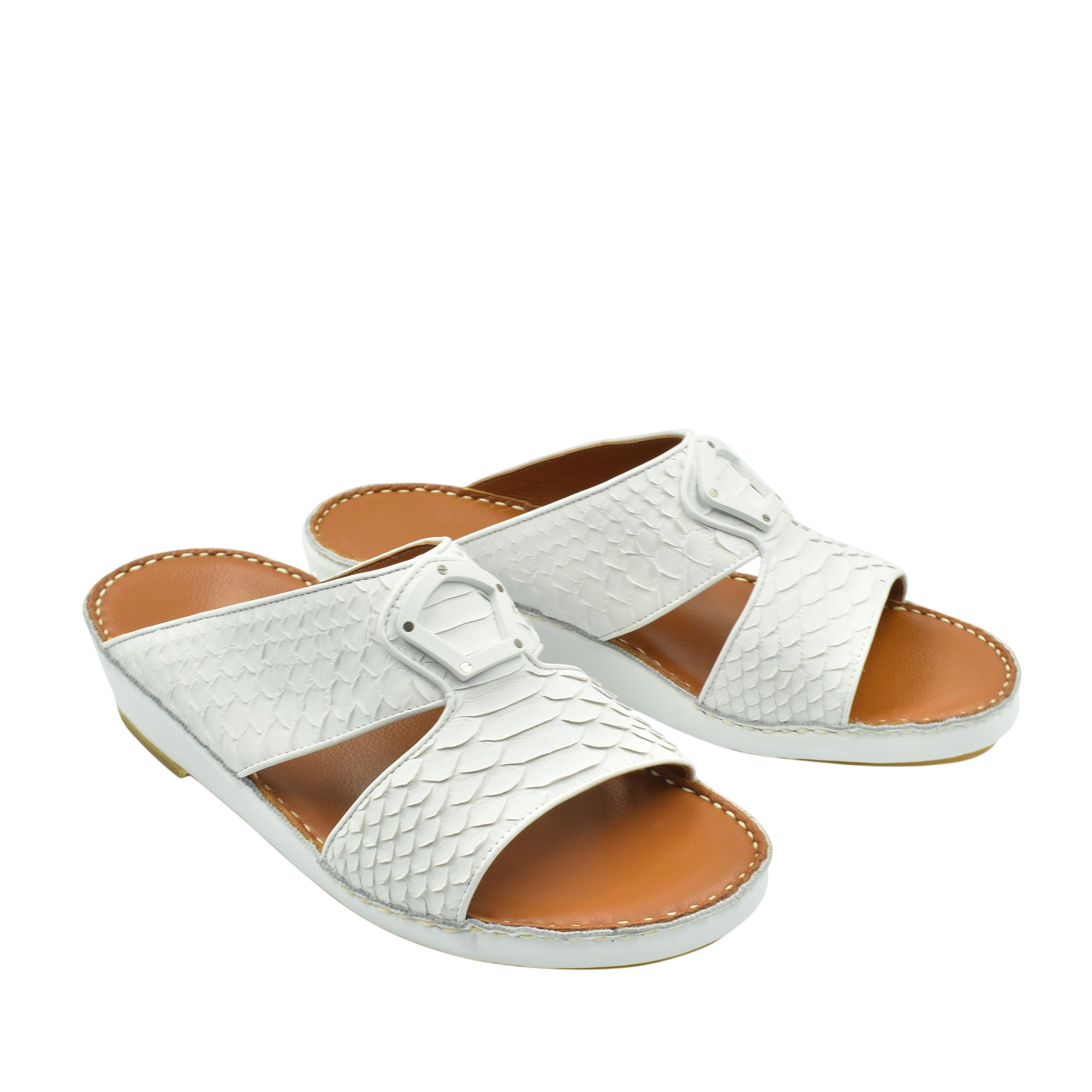 White luxury python sandals with open toes and adjustable buckle straps for stylish comfort