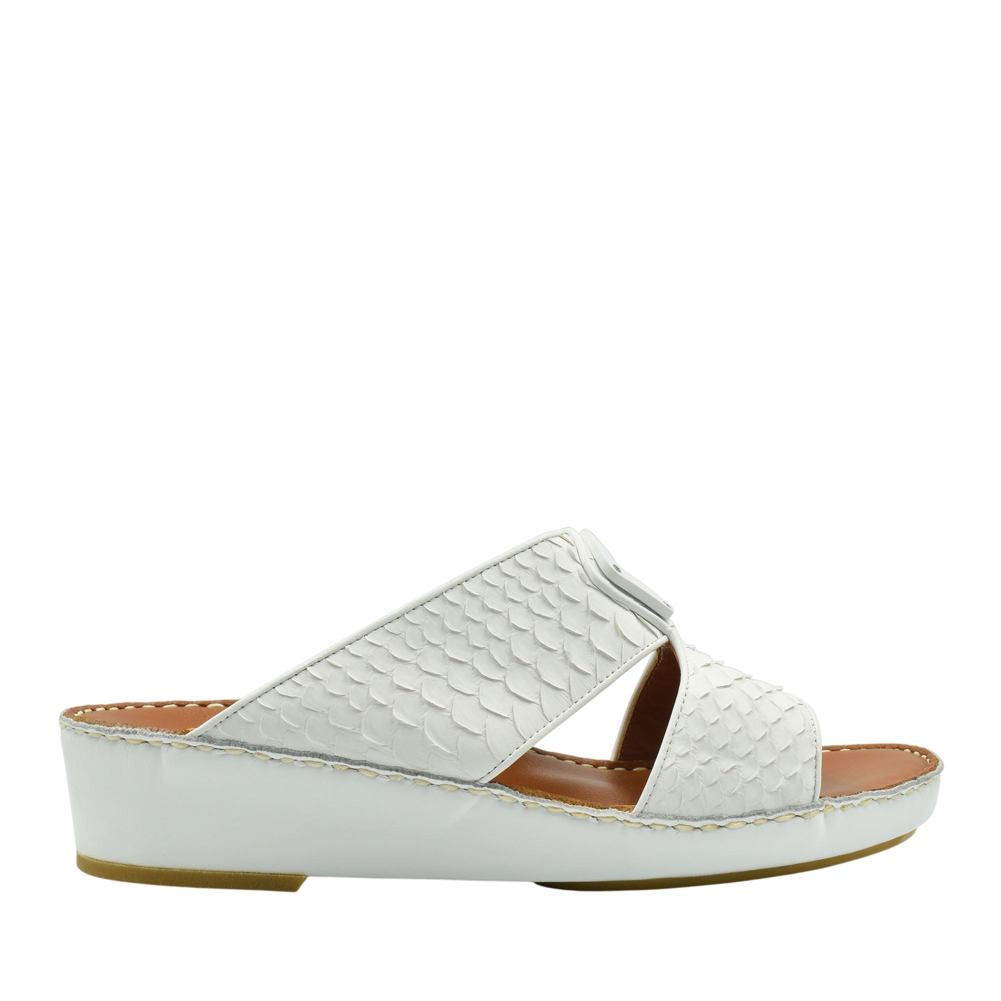 White luxury python sandals with textured straps and cushioned sole for stylish comfort