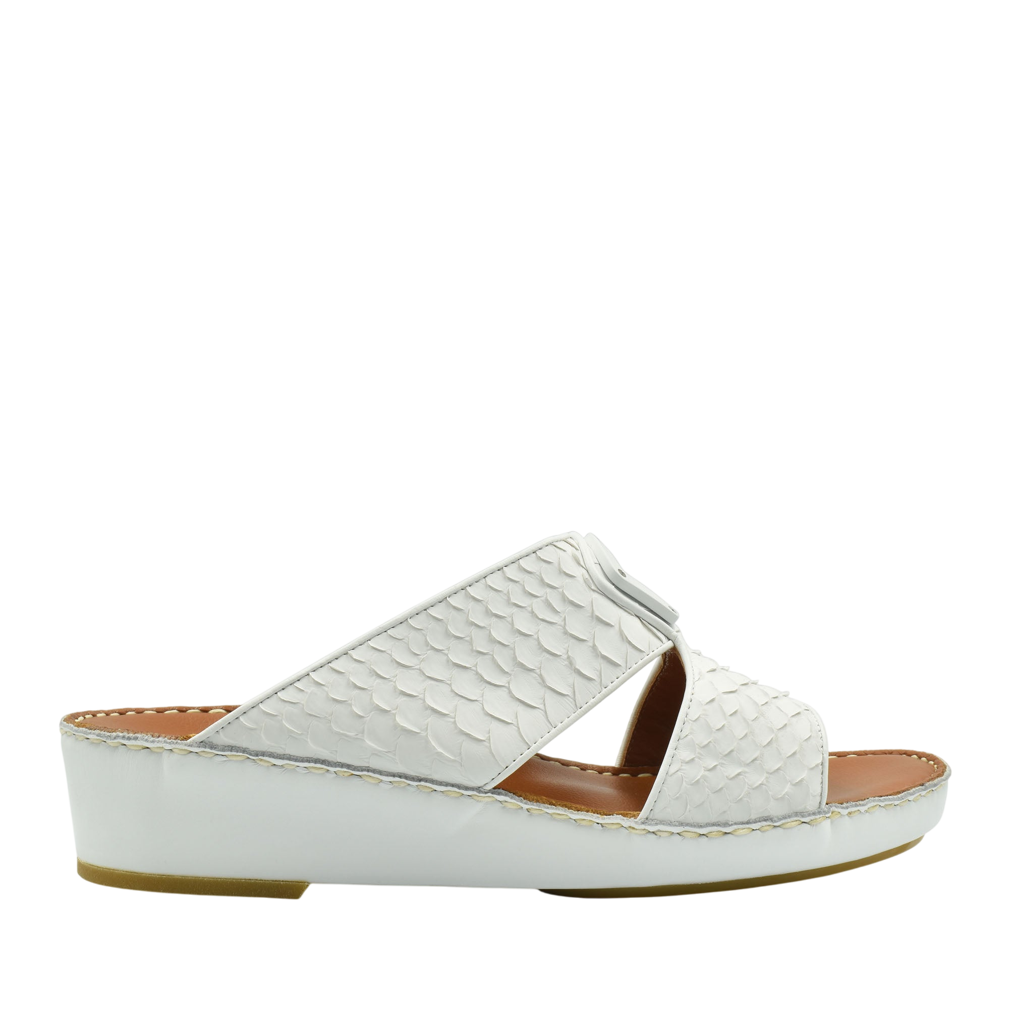 White luxury python sandals with textured straps and cushioned sole for stylish comfort