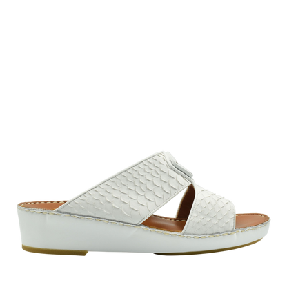 White luxury python sandals with textured straps and cushioned sole for stylish comfort