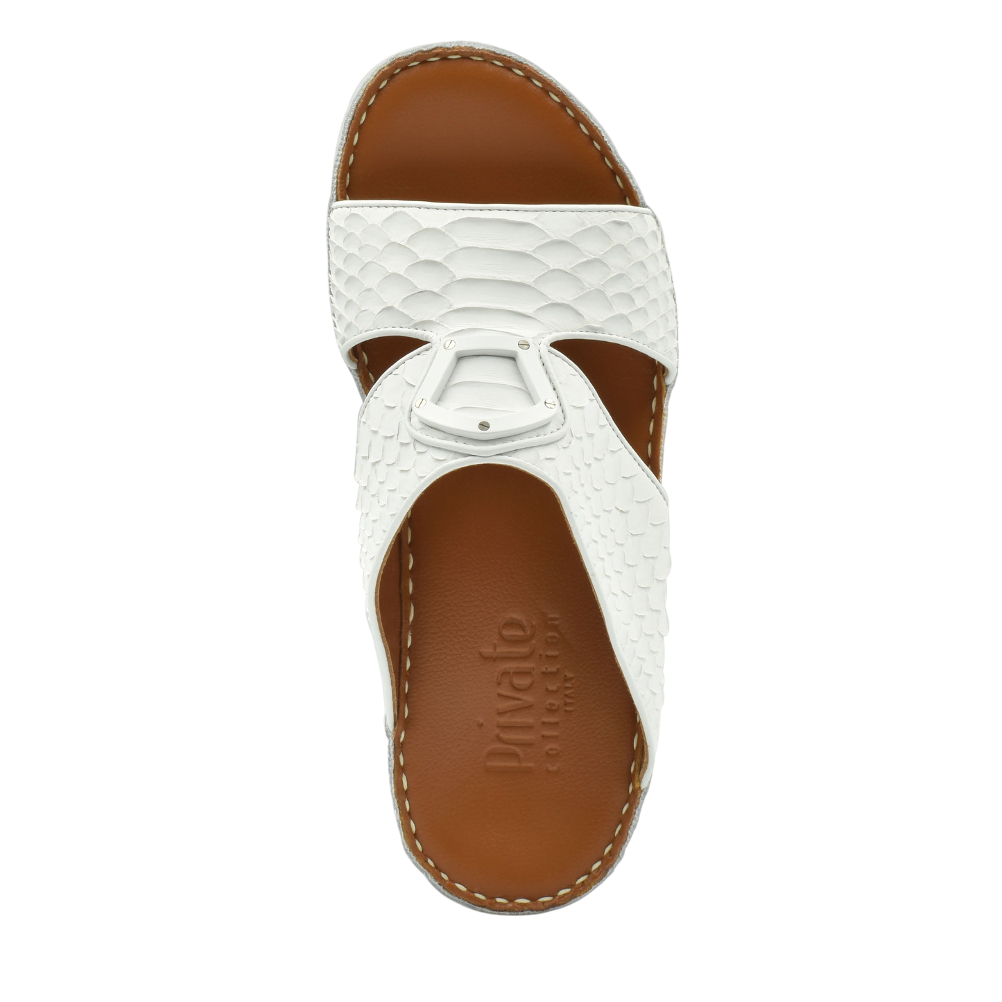 White luxury python sandals with textured straps and brown cushioned footbed from Private Collection