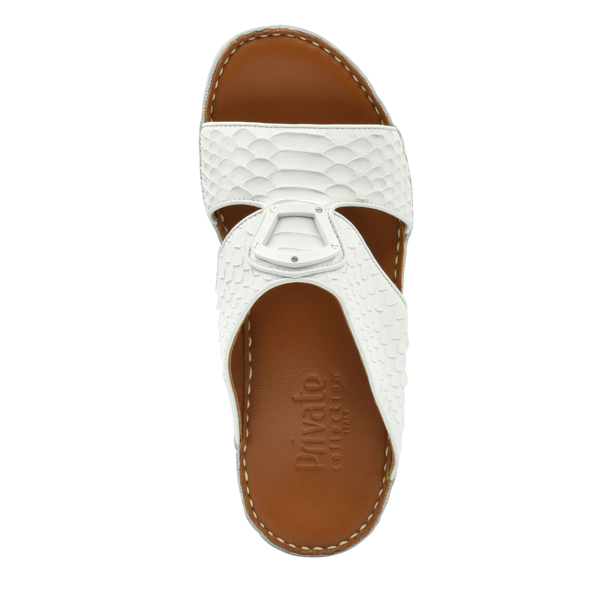 White luxury python sandals with textured straps and brown cushioned footbed from Private Collection
