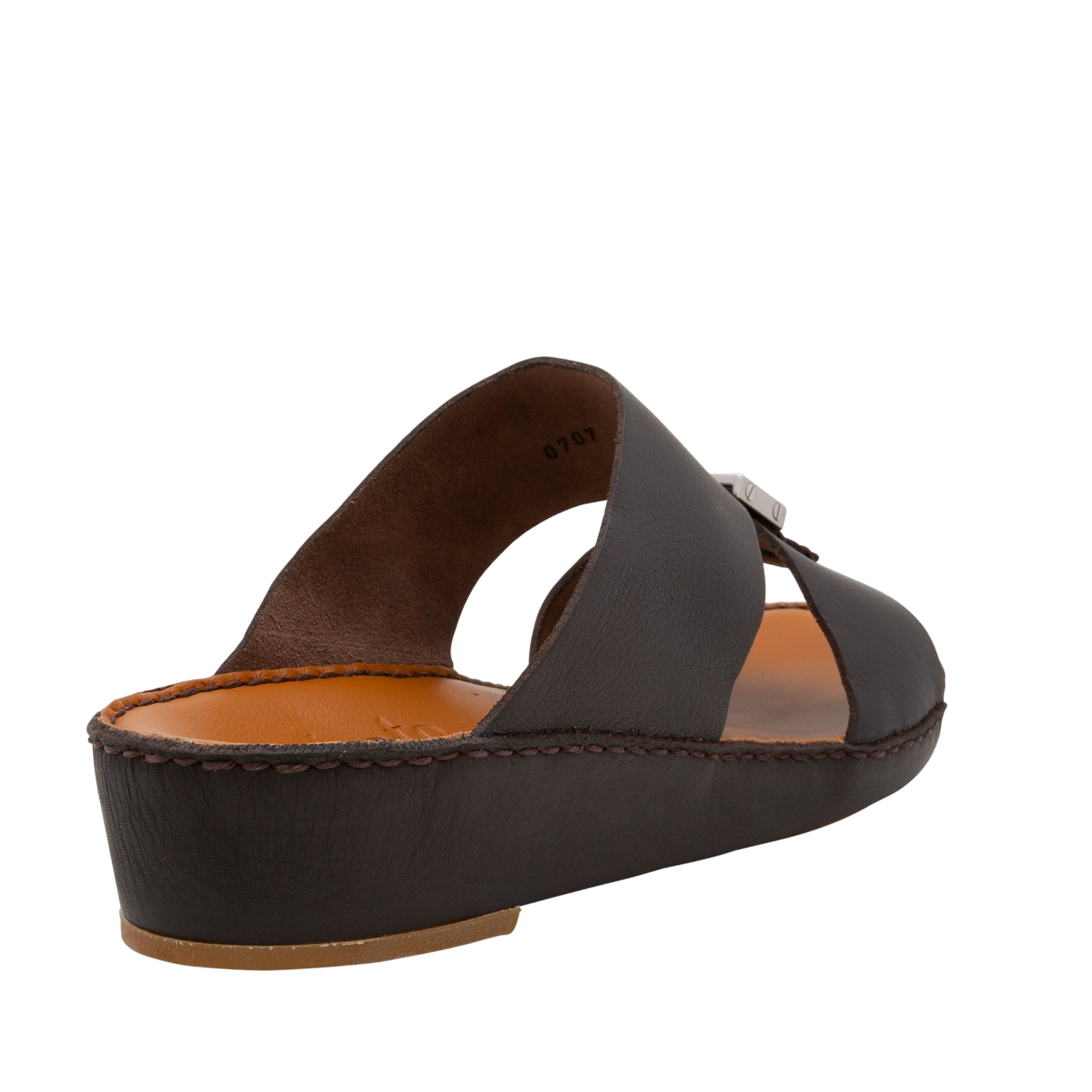 Side view of metallic deercalf slides with brown leather straps and cushioned sole from Private Collection