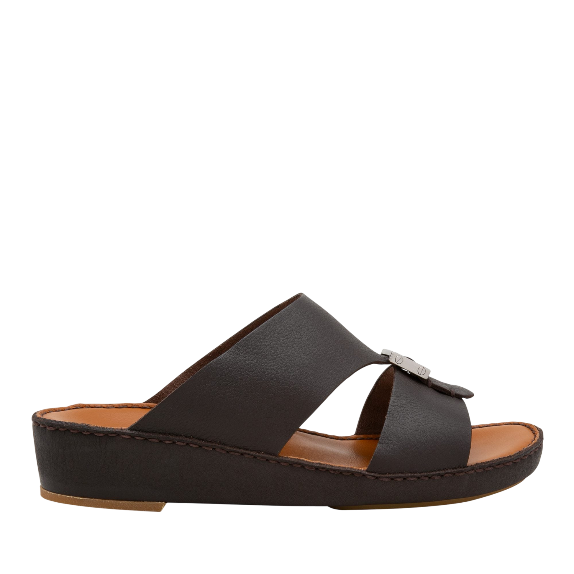 Black metallic deercalf slides with open toe and cushioned sole from Private Collection
