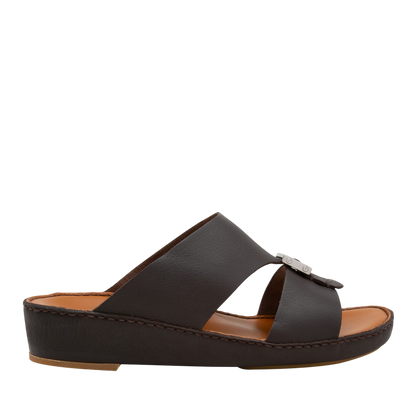 Black metallic deercalf slides with open toe and cushioned sole from Private Collection