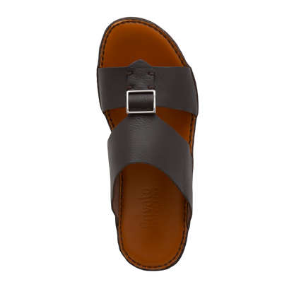 Top view of brown leather metallic deercalf slides with adjustable buckle from Private Collection