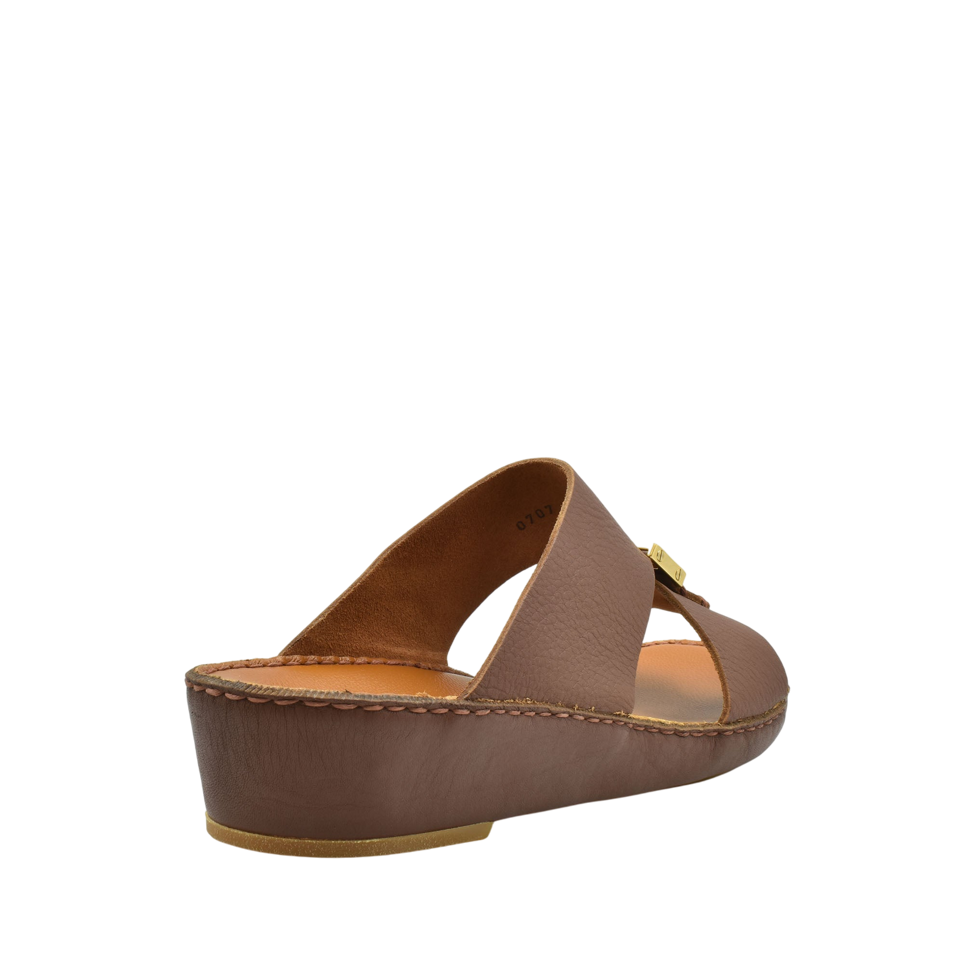 Brown metallic deercalf slides with open toe design and low wedge heel from Private Collection