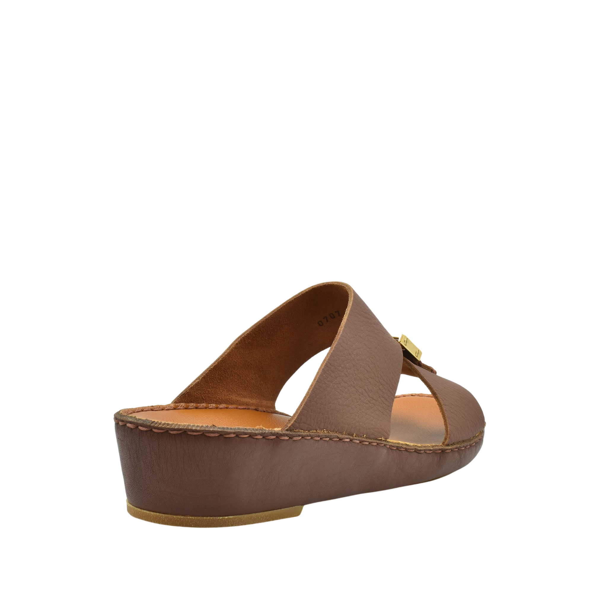 Brown metallic deercalf slides with open toe design and low wedge heel from Private Collection