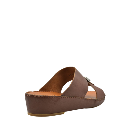 Brown metallic deercalf slides with open toe and low wedge heel from Private collection
