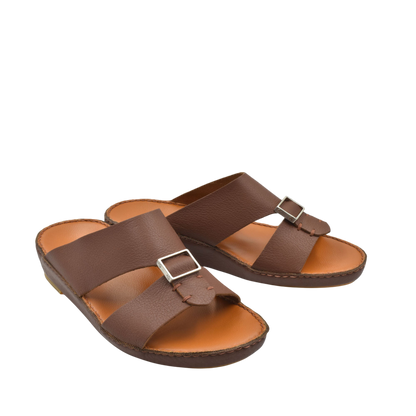 Brown metallic deercalf slides with silver buckle and cushioned footbed for comfortable wear